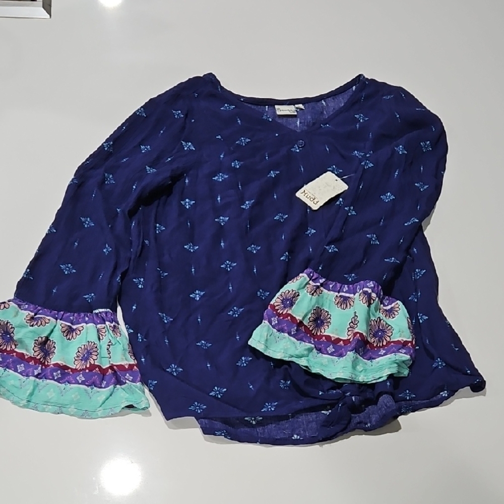 Mudd Blue and Purple Blouse with Bell Sleeves Sz L (10/12)